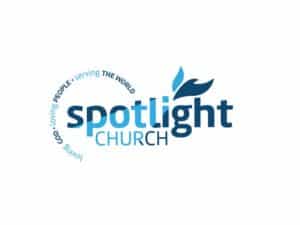 Spotlight church logo with blue flame symbol and modern font.