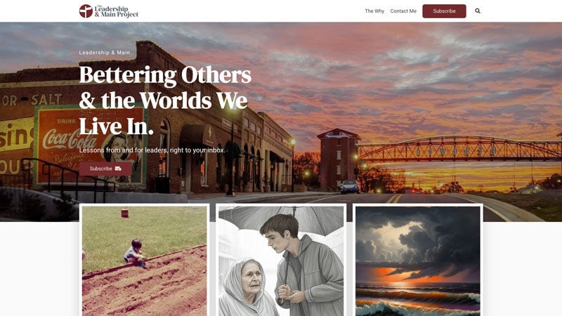 Mission Bell Communications logo and downtown storefront at sunset in Mission Bell.