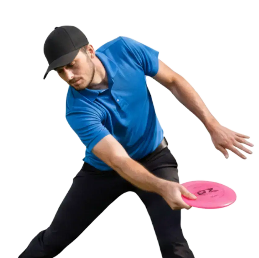Disc golf player in action with pink disc, outdoor sports, game, fun, recreational activity, Mission Bell Communications, California, USA.