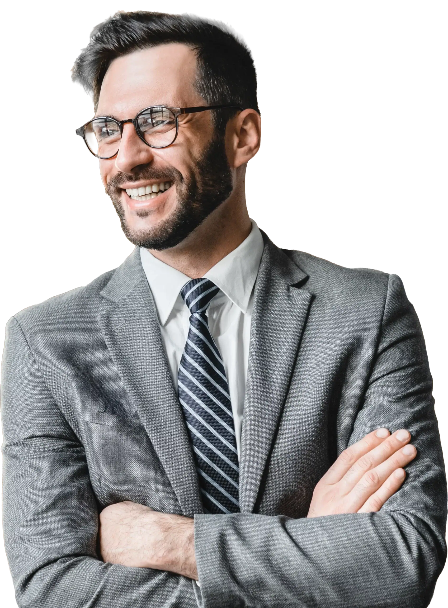 Professional man in gray suit smiling with glasses, business communication expert.
